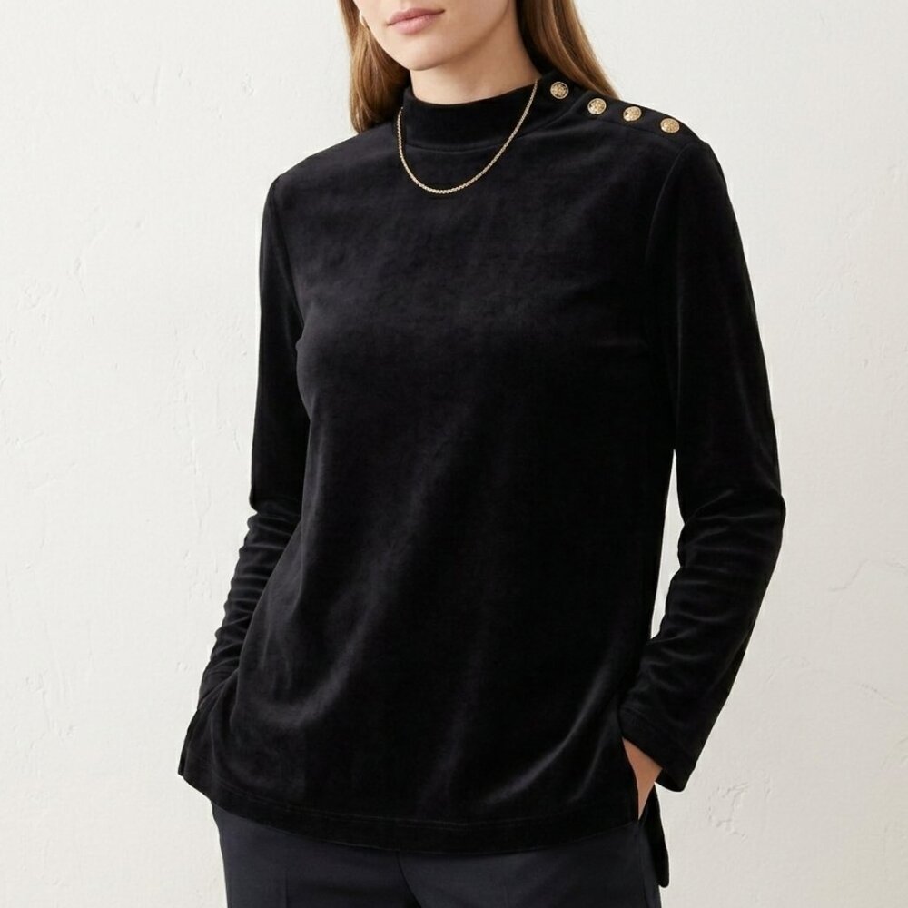 🇨🇦 NWT Sz M Eaton Black Velour Women's Long Sleeve with Gold Button Accents